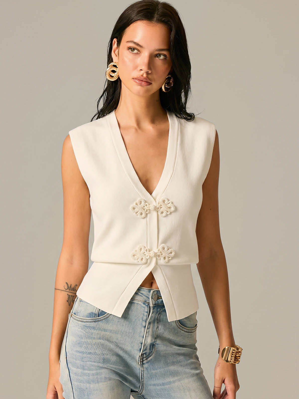 Frog Button V Neck Knit Vest