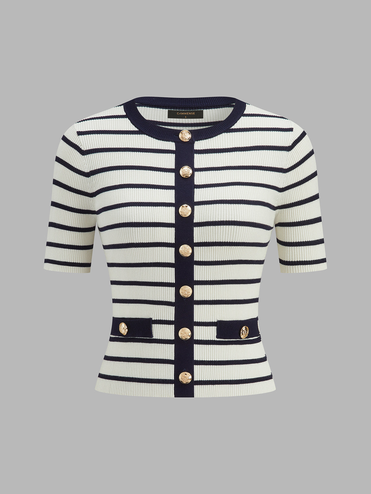 Striped Metal Button Short Sleeve Ribbed Knit Top