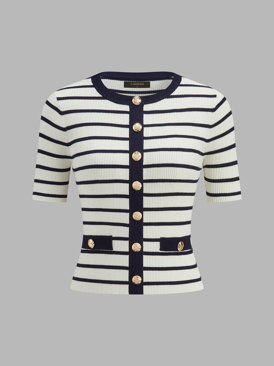 Striped Metal Button Short Sleeve Ribbed Knit Top