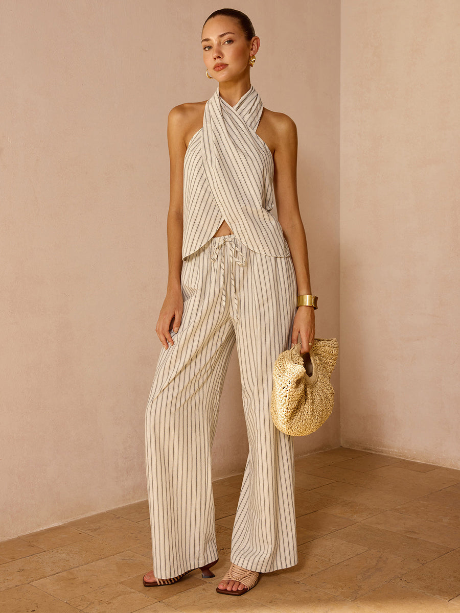 Striped Cotton Linen Halter Top & Pants Set