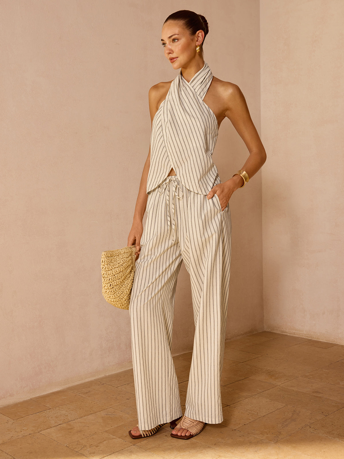 Striped Cotton Linen Halter Top & Pants Set