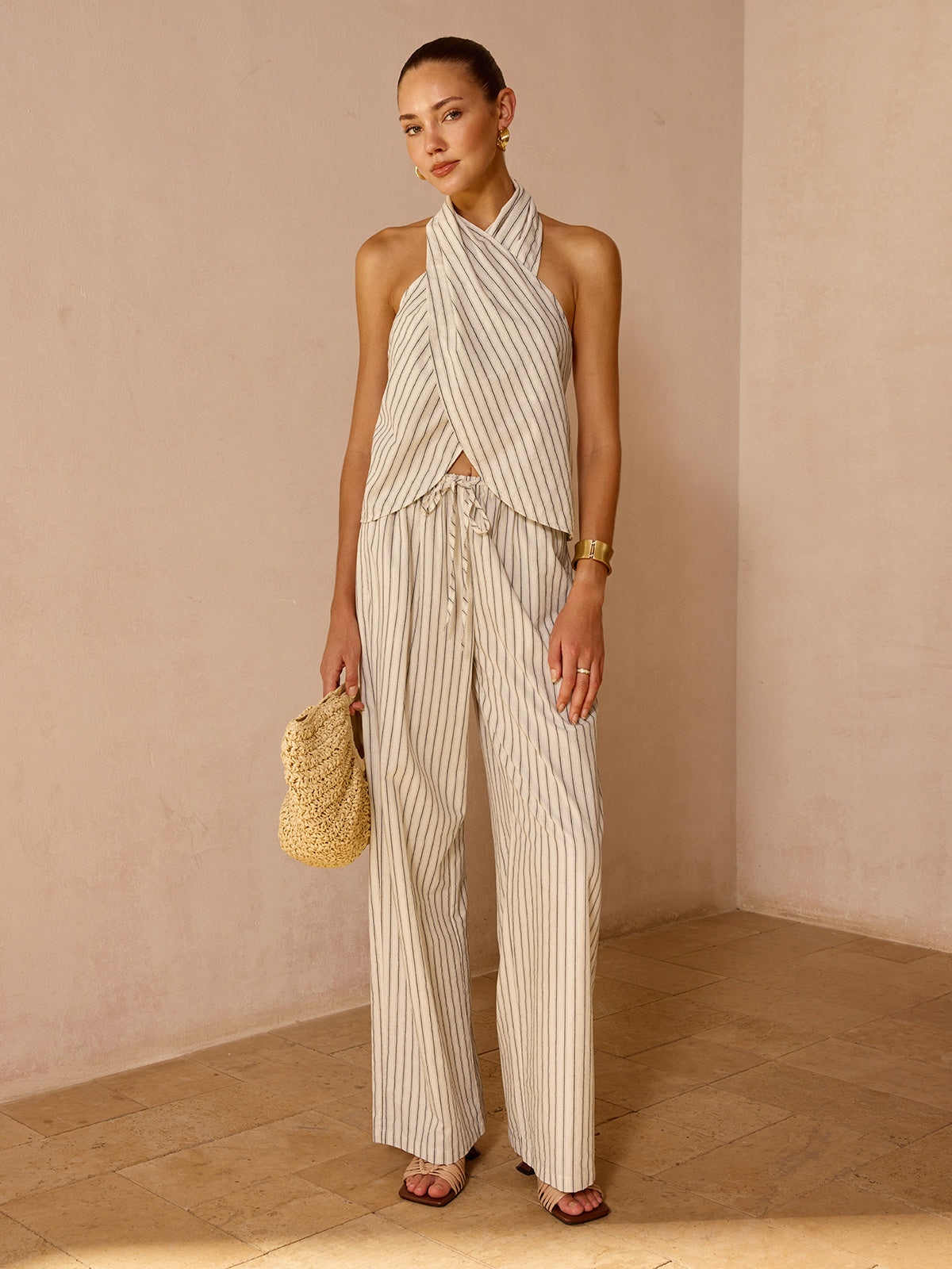 Striped Cotton Linen Halter Top & Pants Set