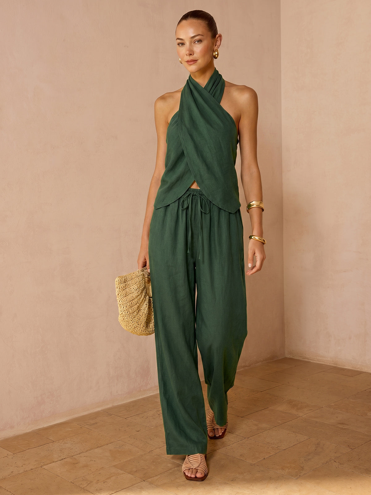 Striped Cotton Linen Halter Top & Pants Set