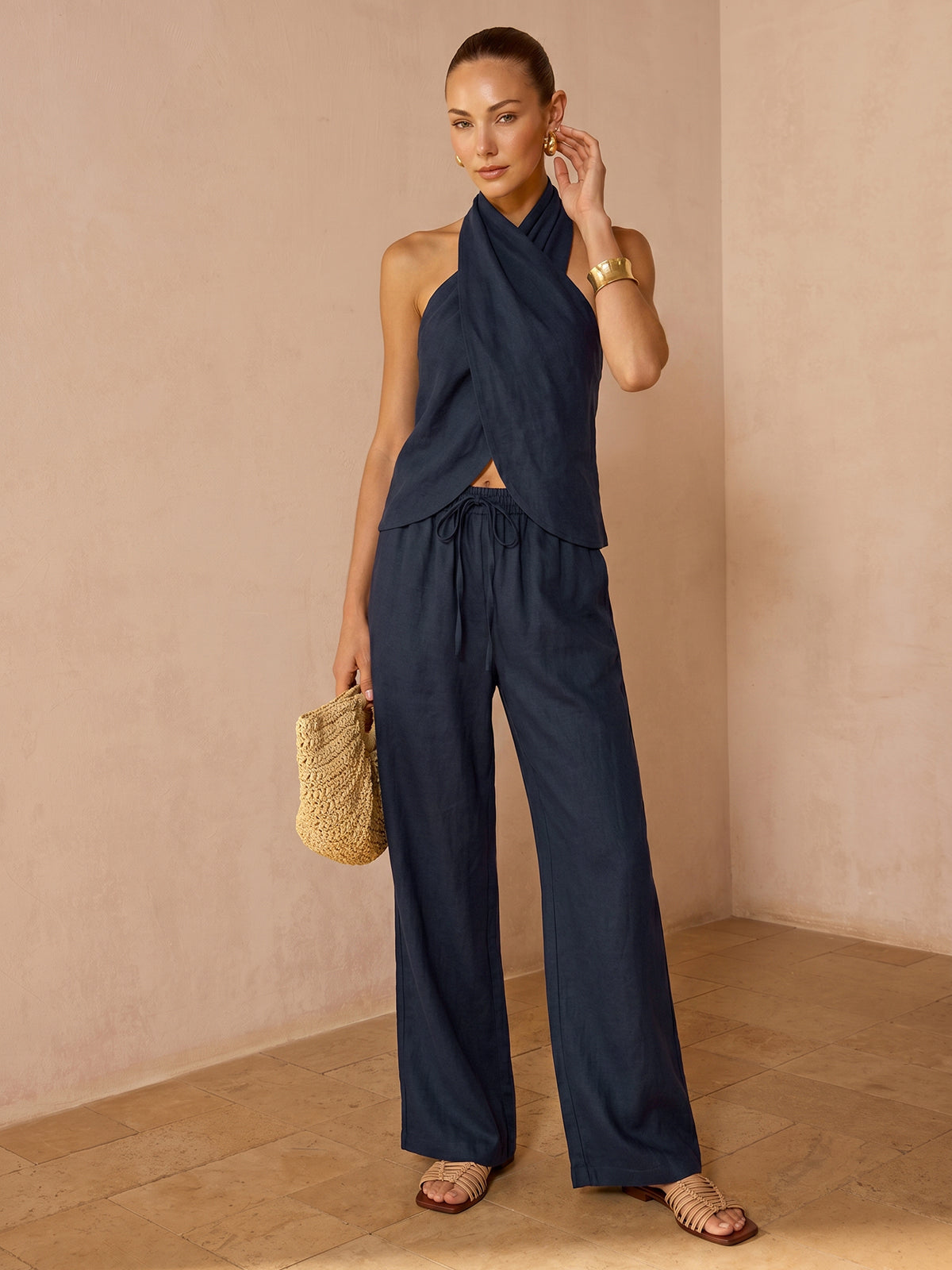 Striped Cotton Linen Halter Top & Pants Set