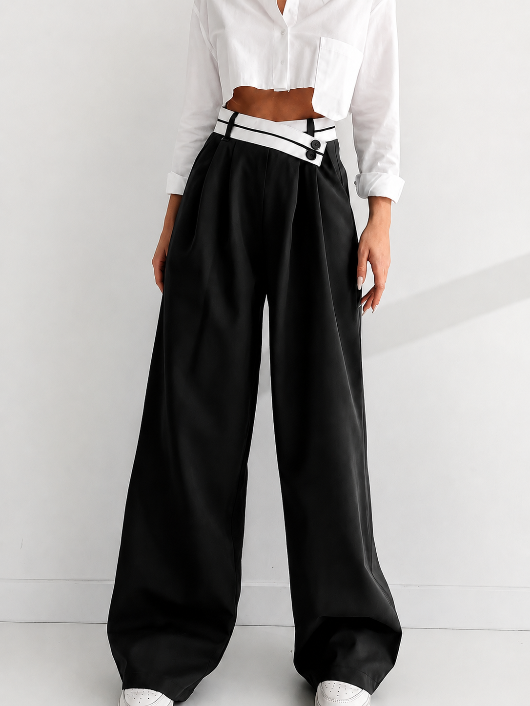 Asymmetrical Contrast Waistband Wide Leg Dress Pants