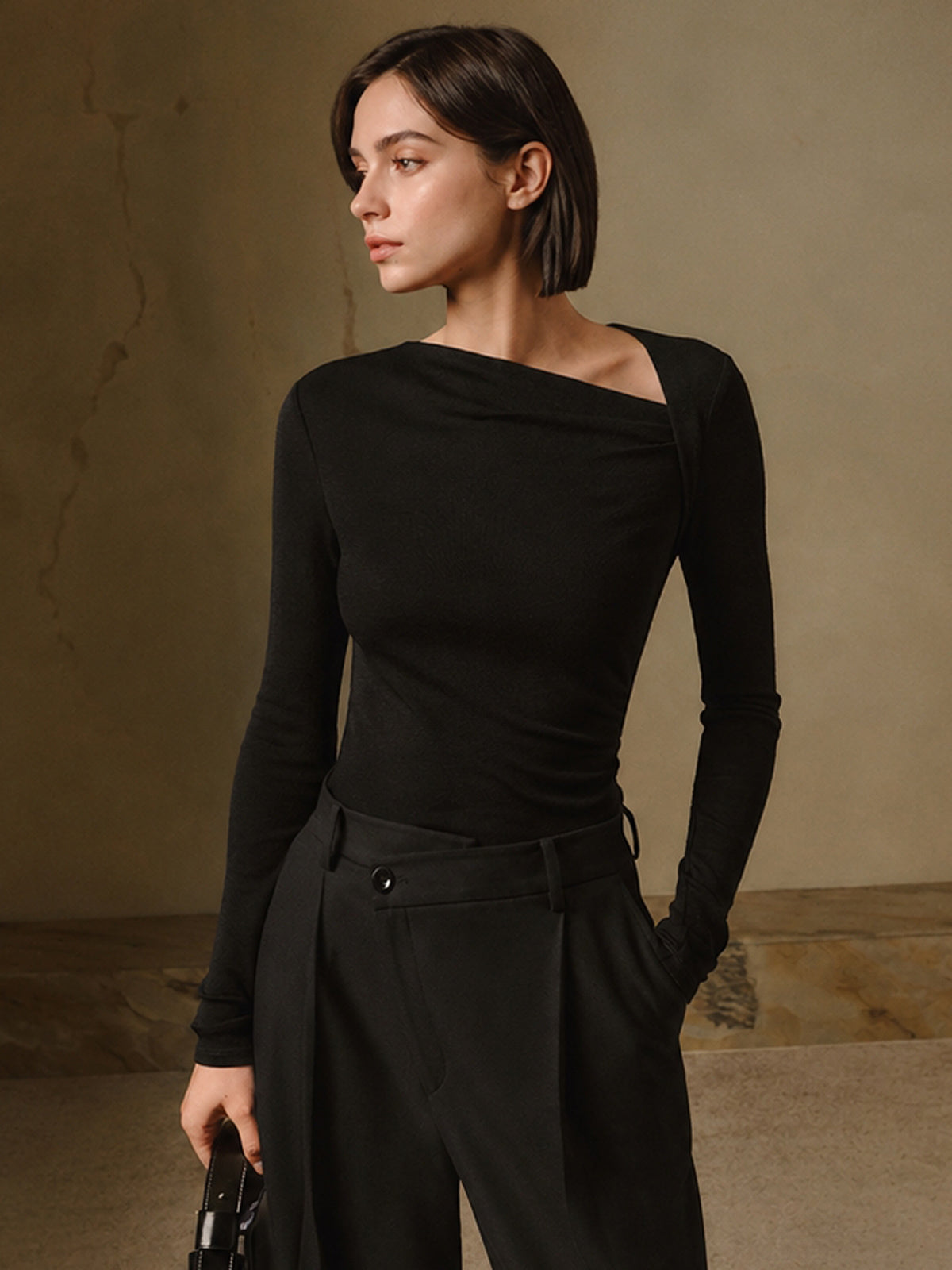 Ribbed Knit Long Sleeve Asymmetric Shirt