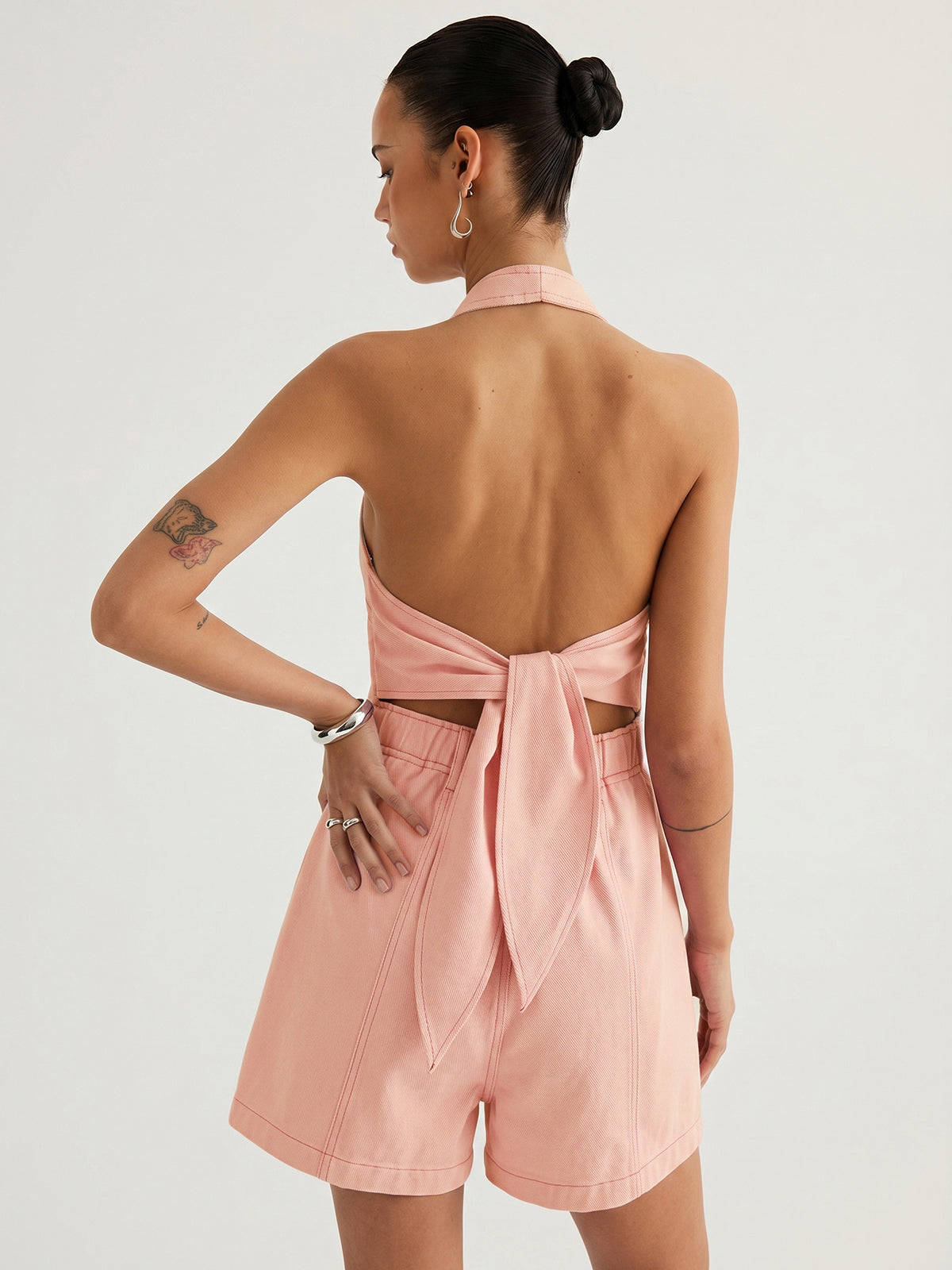 Cotton Halter V-Neck Tie-Back Romper