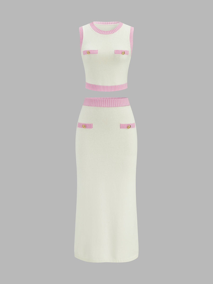 Contrast Trim Knit Two Piece Skirt Set