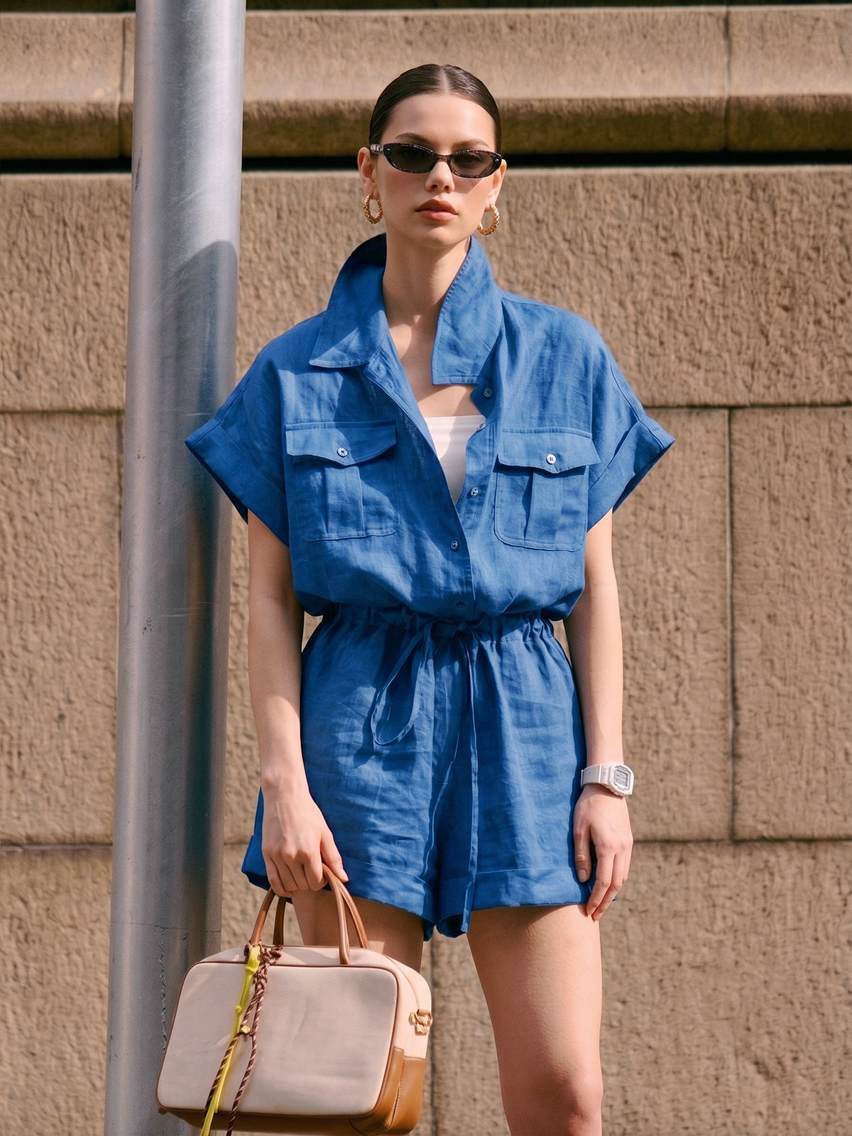 Cotton Linen Pocket Drawstring Shirt Romper