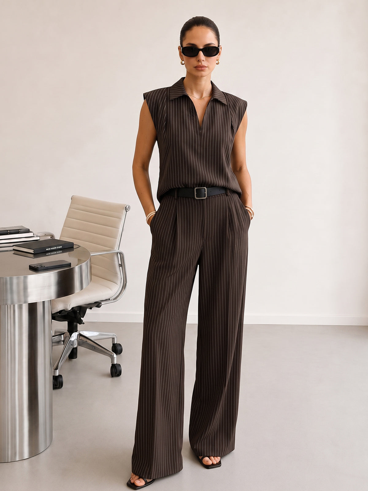 Pinstriped Sleeveless Shirt & Pants Set