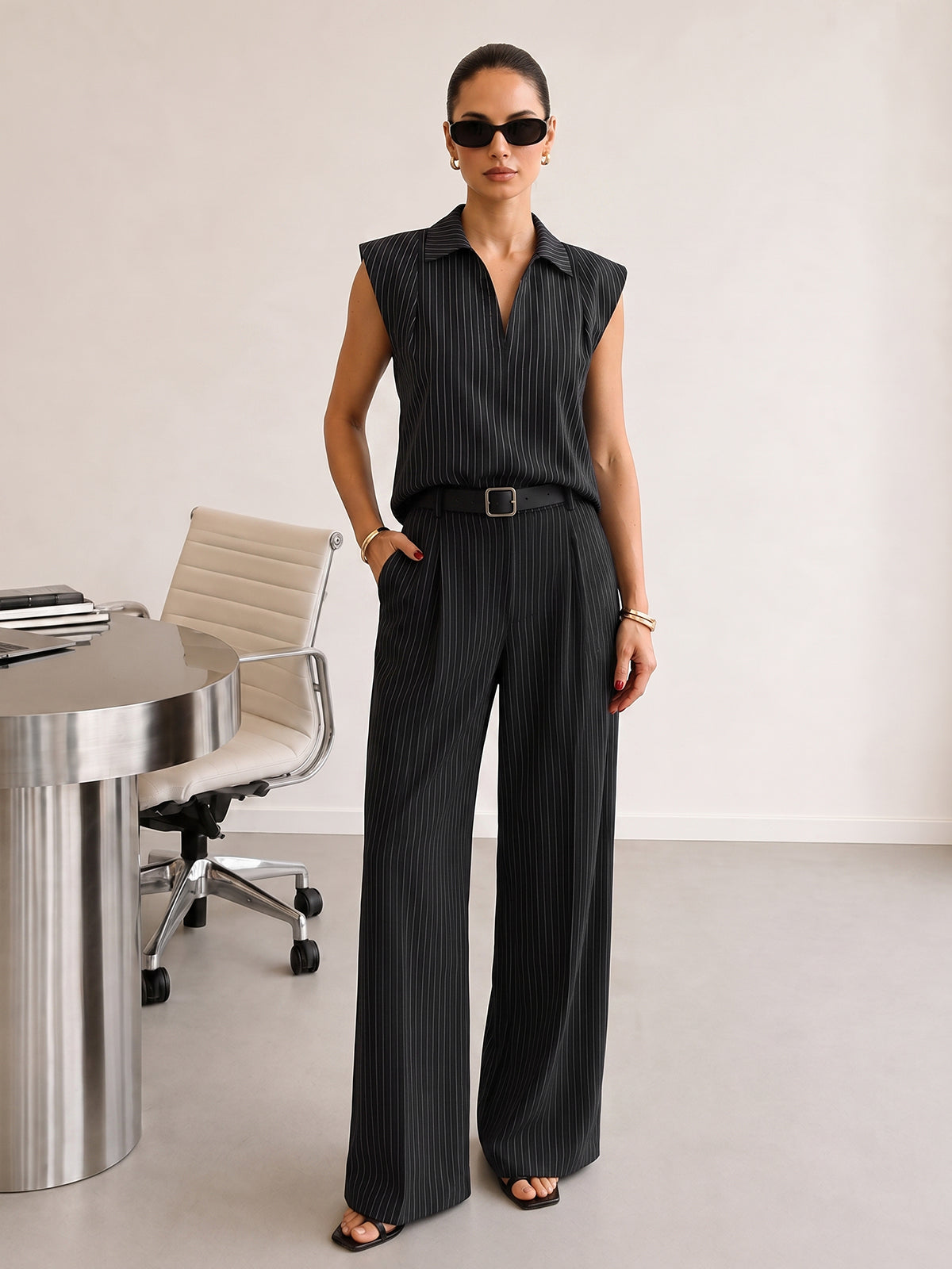 Pinstriped Sleeveless Shirt & Pants Set