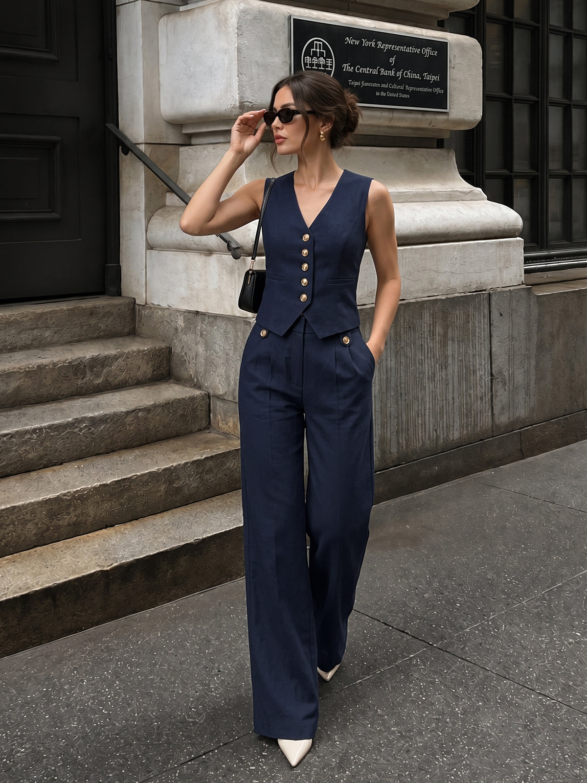 V-Neck Button Vest & Wide Leg Pants Set
