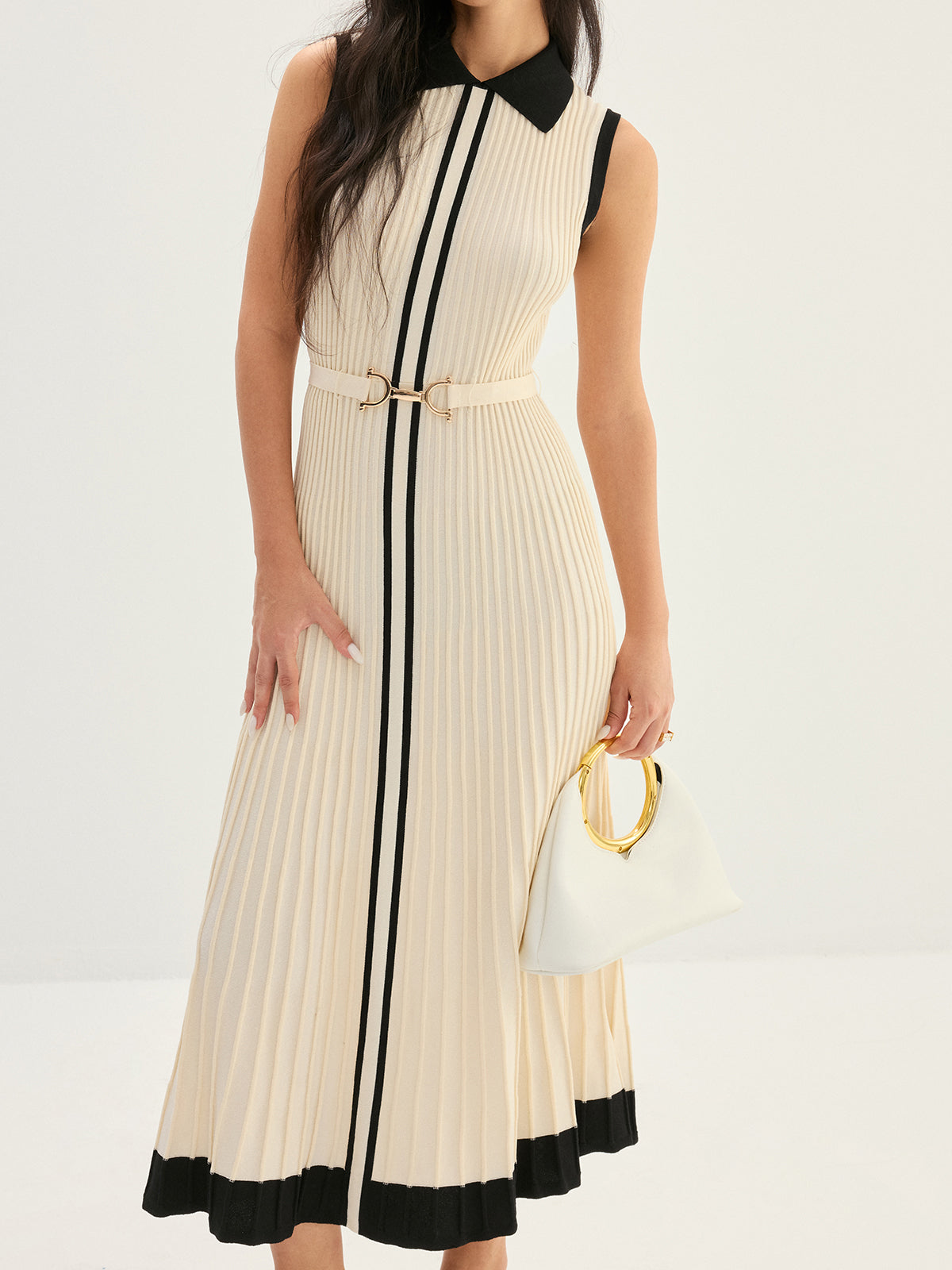 Elegant Contrast Collar Rib Knit Maxi Dress