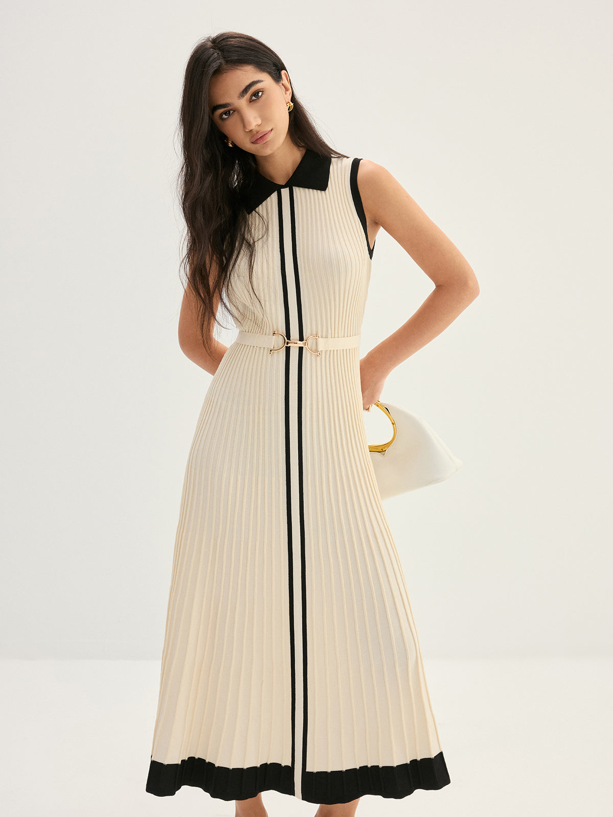 Elegant Contrast Collar Rib Knit Maxi Dress