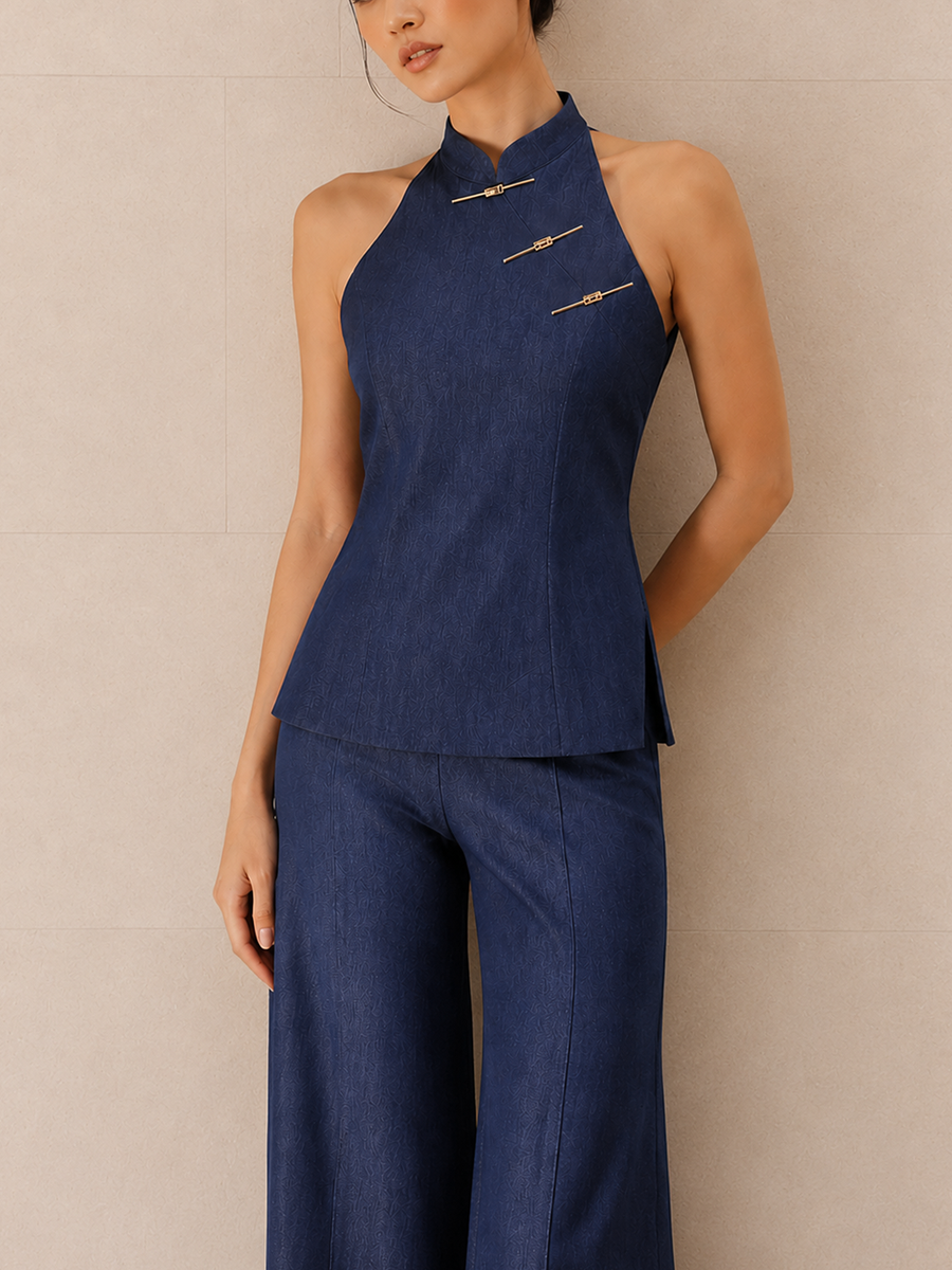 Metal Frog Button Halter Neck Pants Set