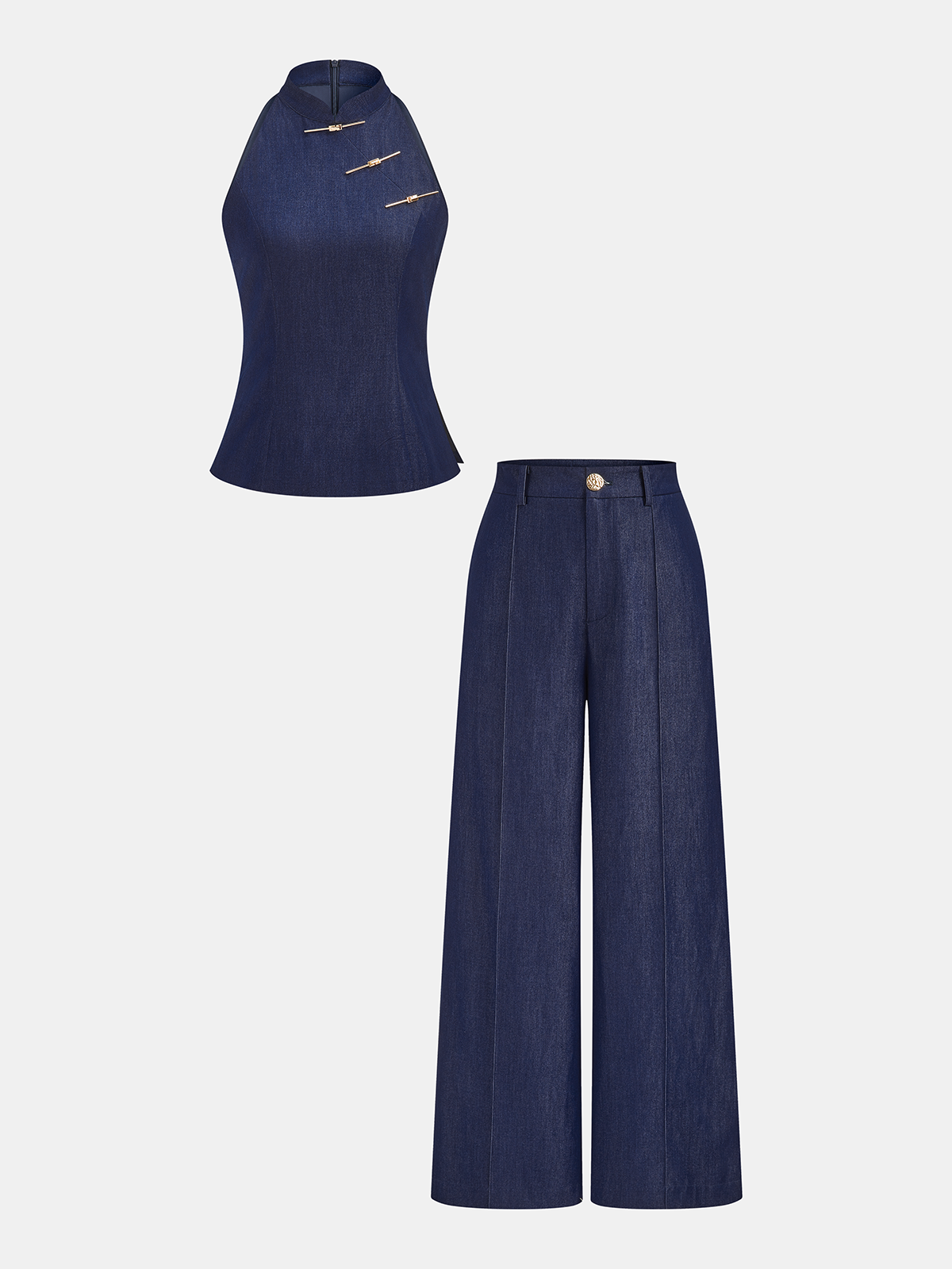 Metal Frog Button Halter Neck Pants Set