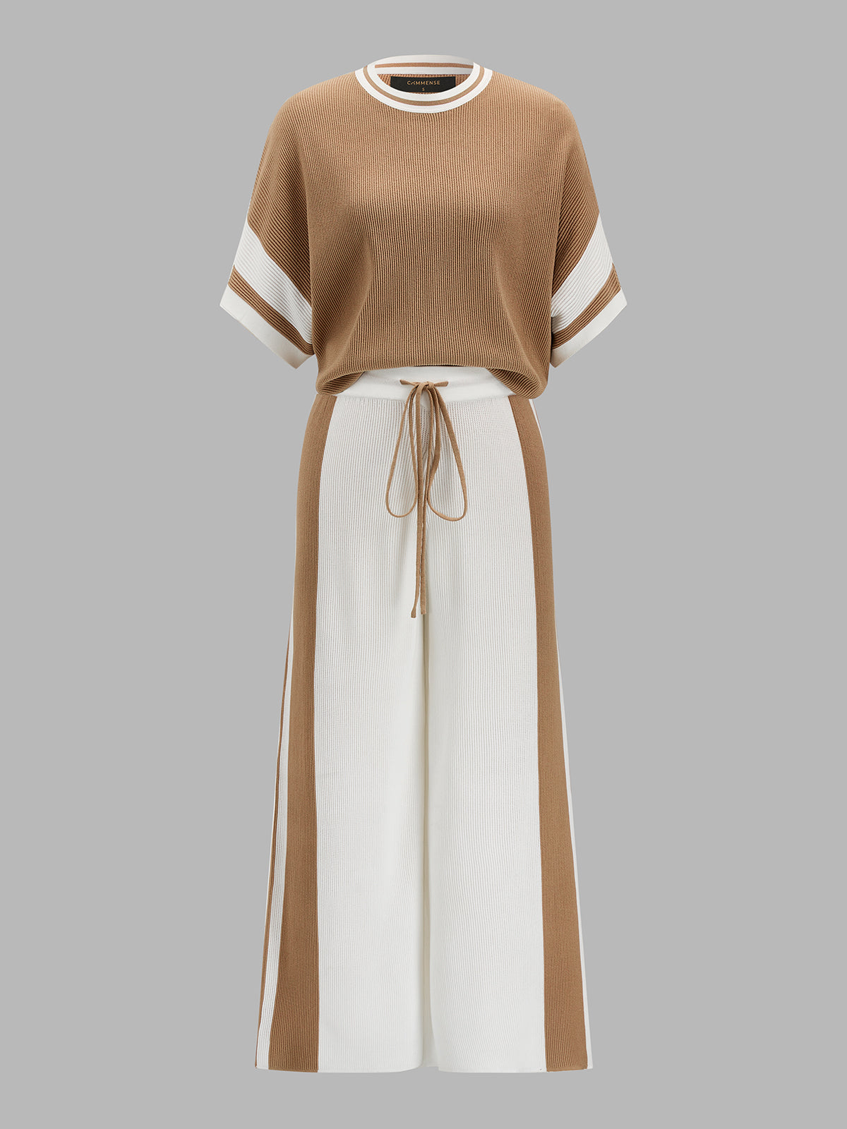 Color Block Rib Knit Two Piece Pants Set