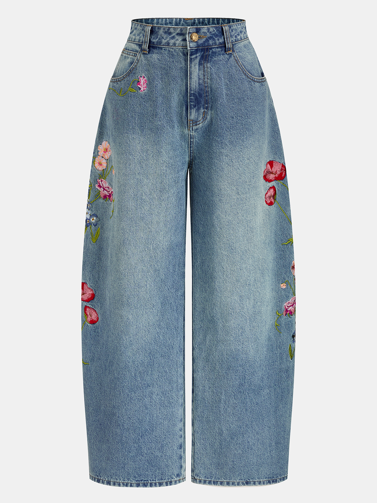 Floral Embroidery Curved-Leg Denim Pants