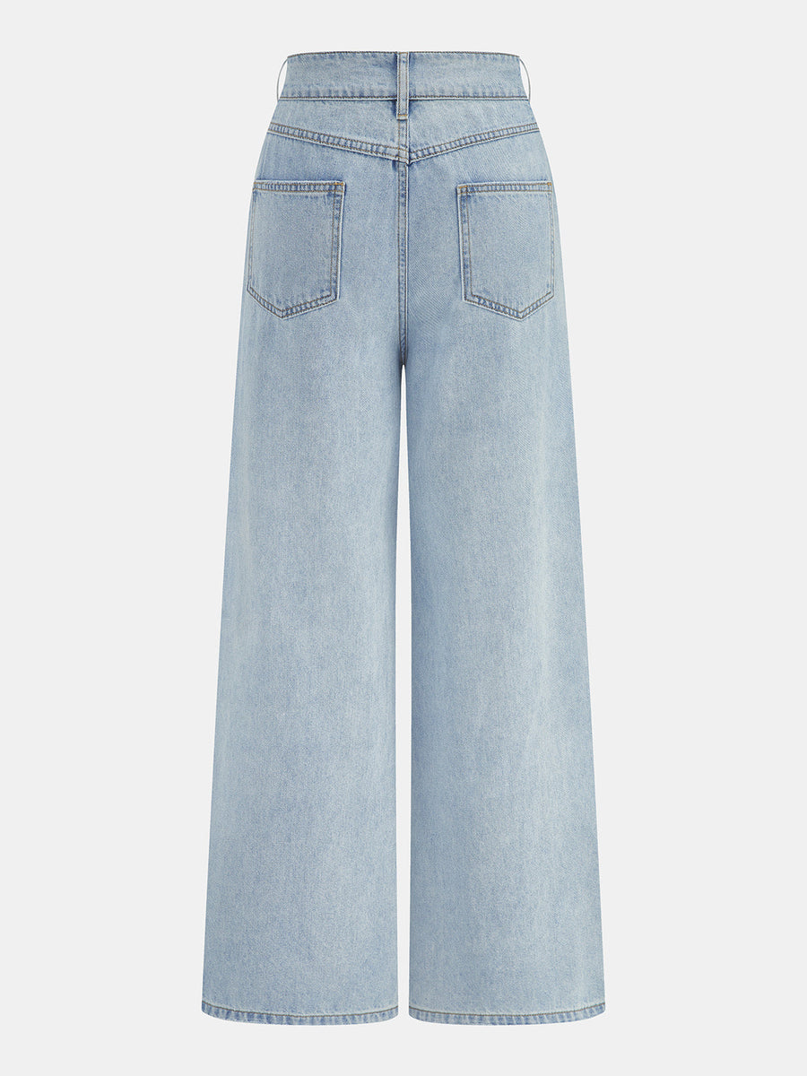 Washed Pleated Wide Leg Jeans