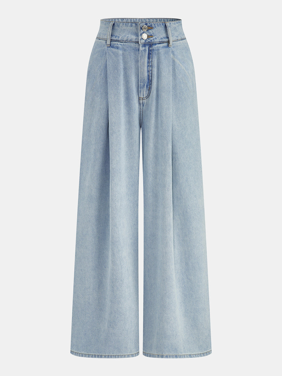 Washed Pleated Wide Leg Jeans