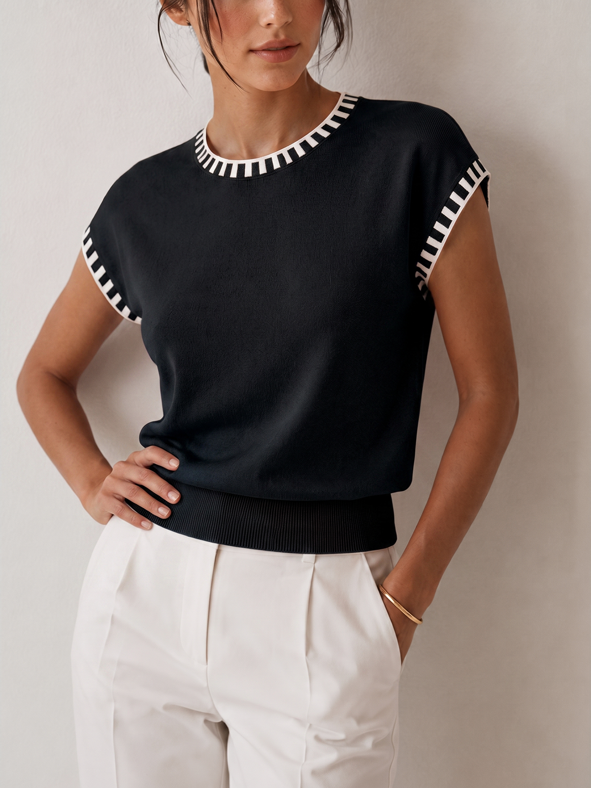 Contrast Trim Cap Sleeve Knit Top