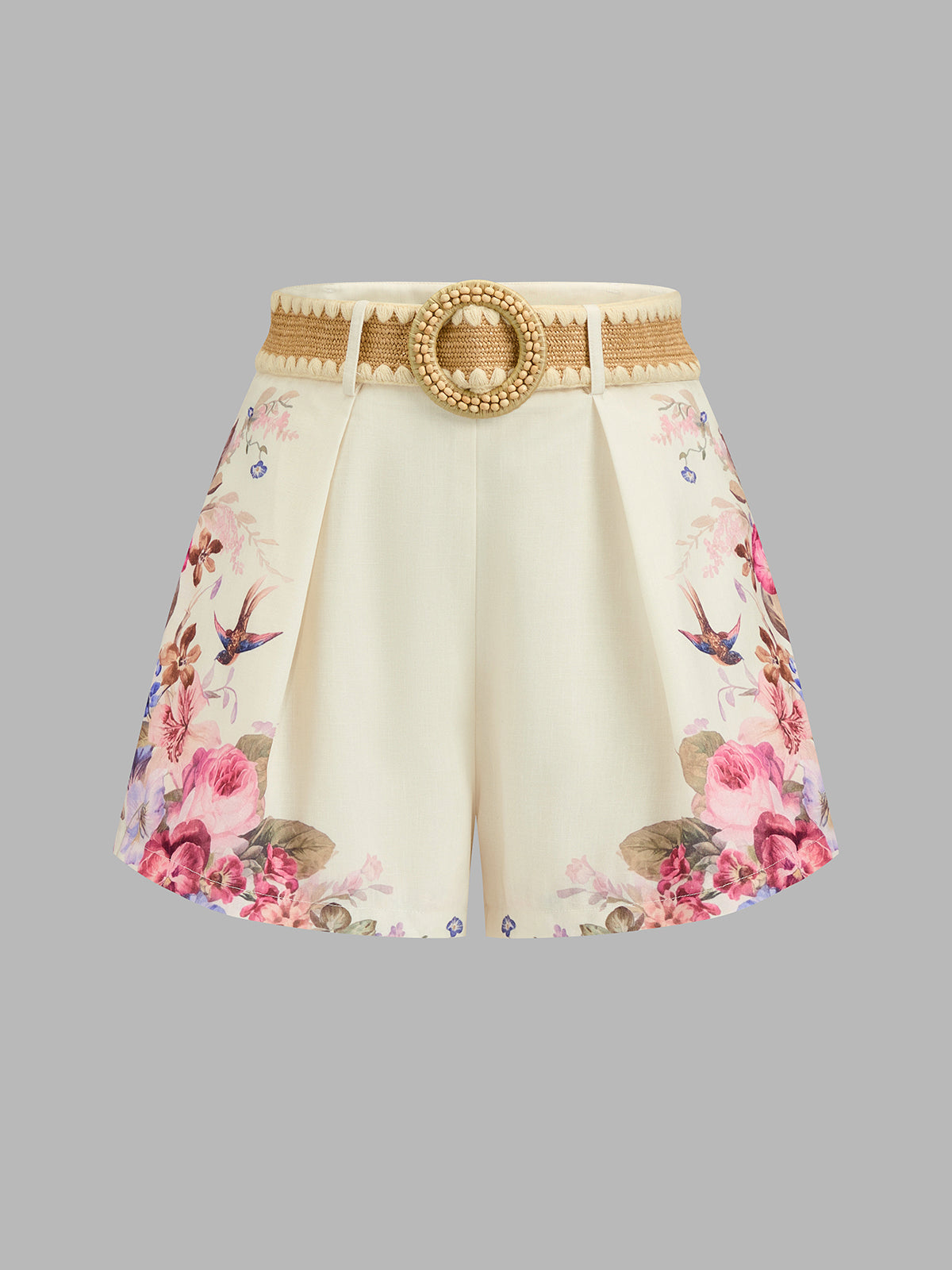 Floral Bird Print Pleated Belted Shorts
