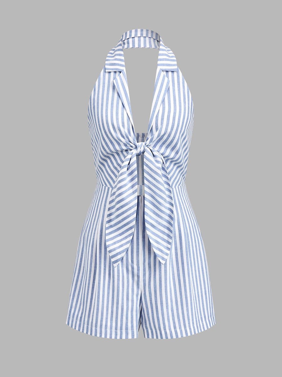 Halter Tie Front Striped Romper