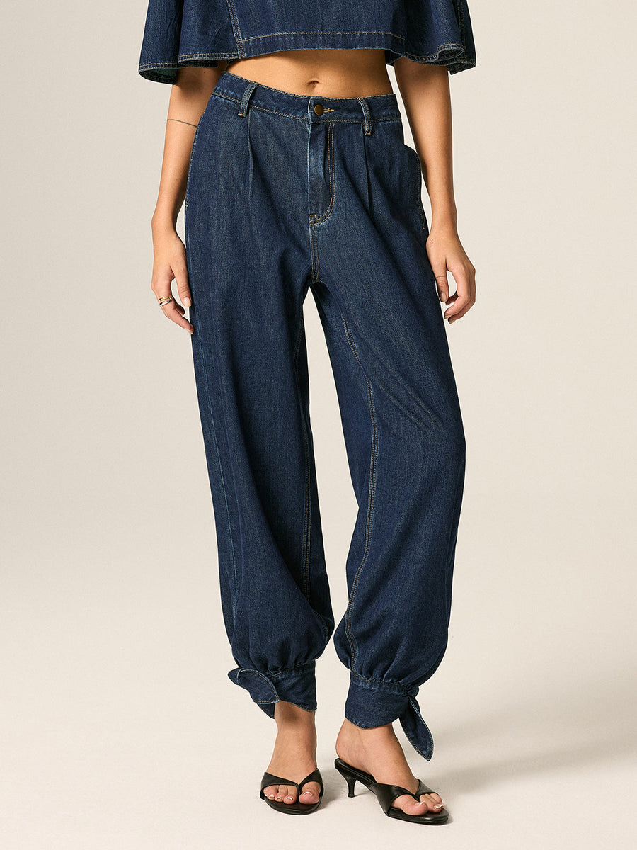 Mid Waist Tie Cuff Denim Pants