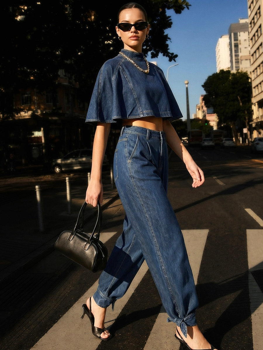 Mid Waist Tie Cuff Denim Pants