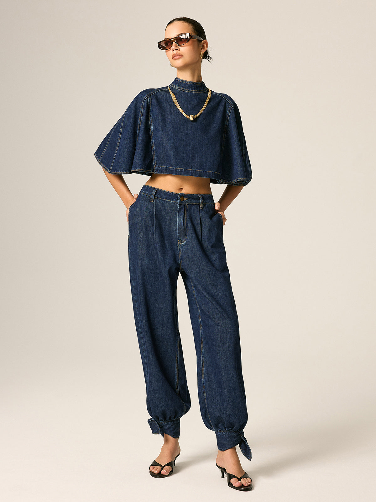 Mid Waist Tie Cuff Denim Pants