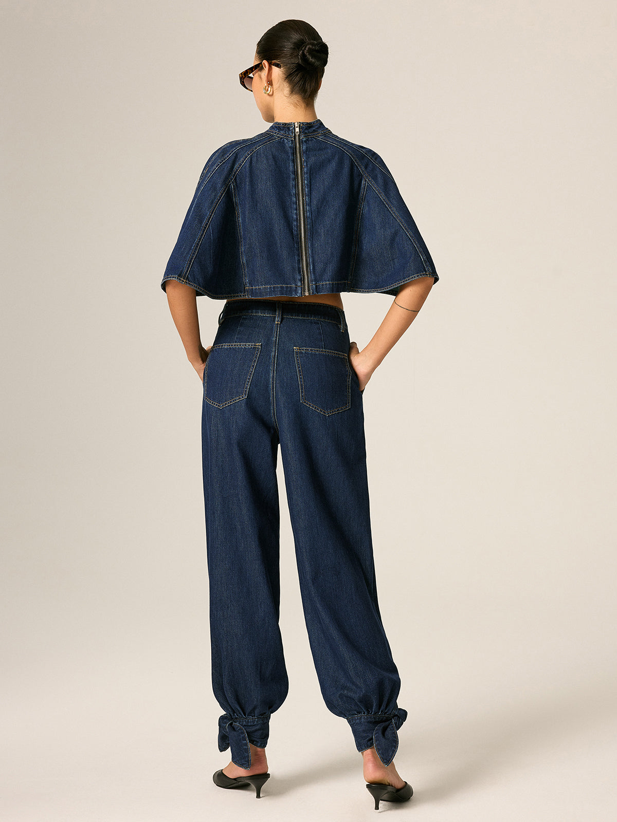 Mid Waist Tie Cuff Denim Pants