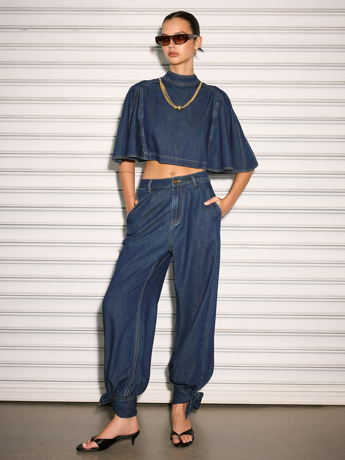 Mid Waist Tie Cuff Denim Pants
