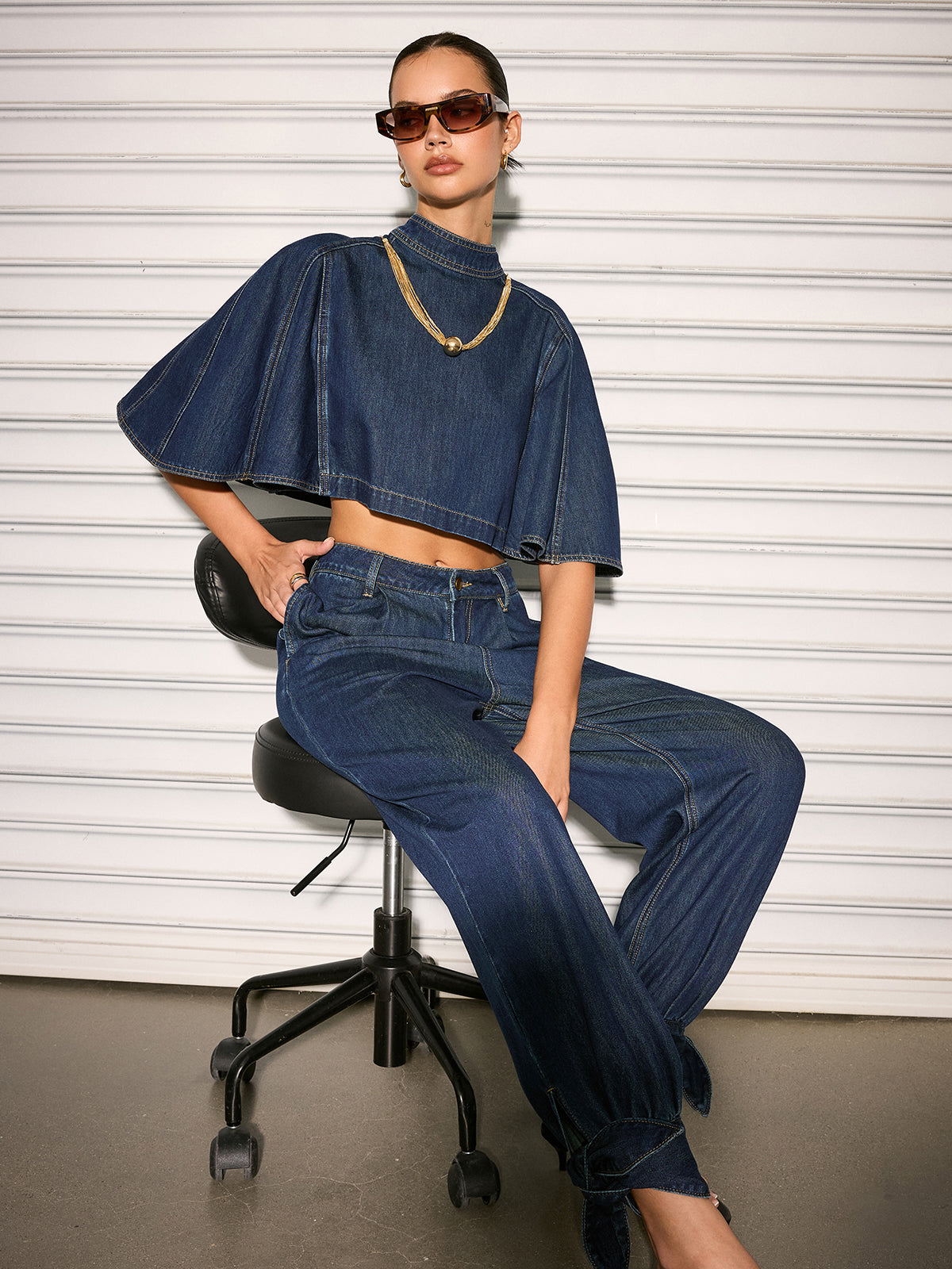 Mid Waist Tie Cuff Denim Pants