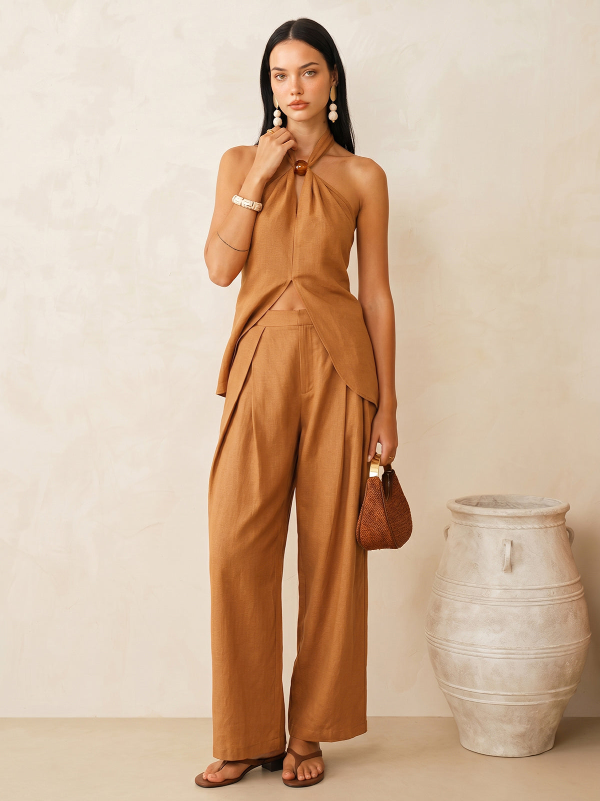 Linen-Blend Halter Top & Pants Set