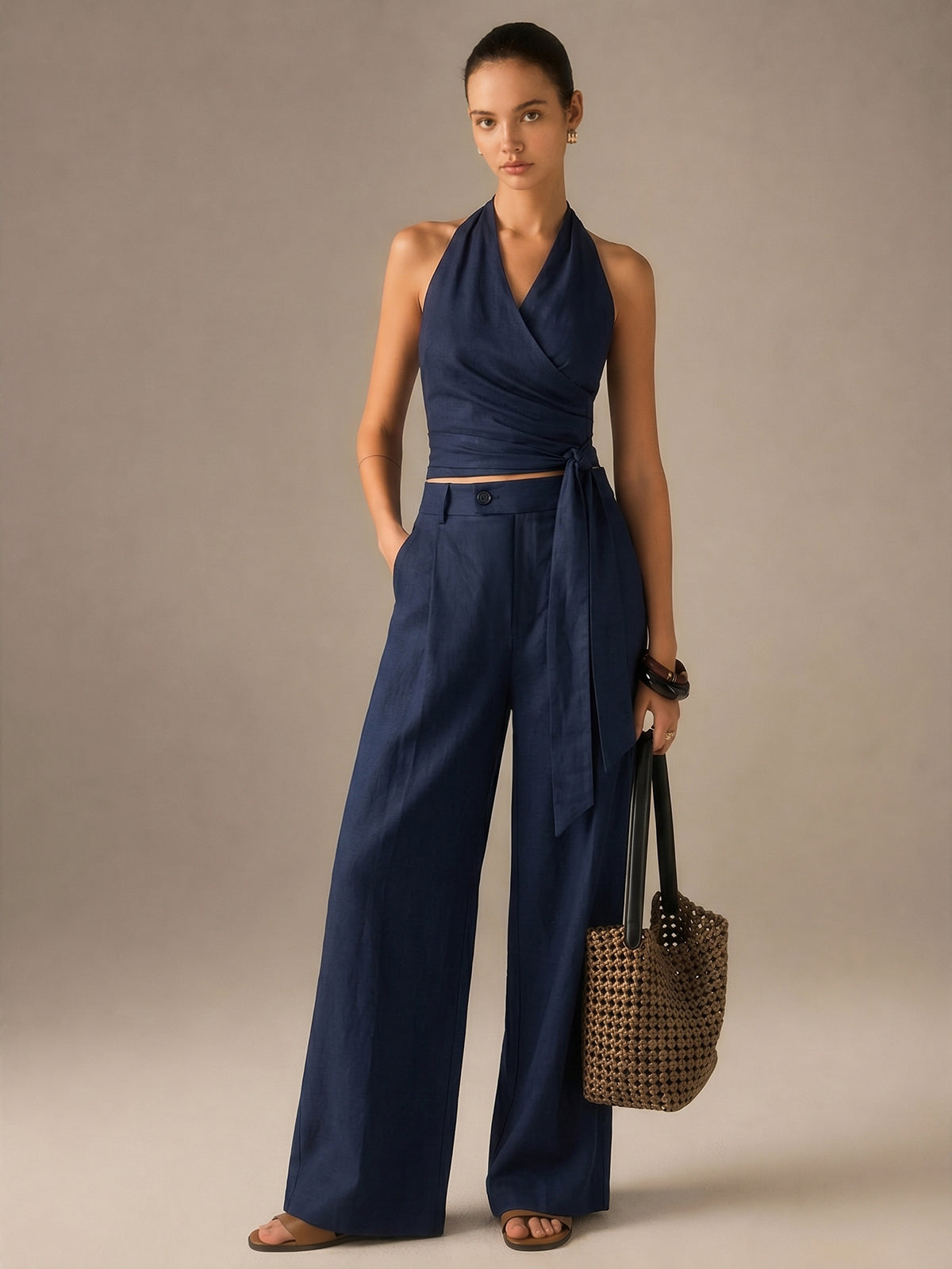 Cotton Linen Halter Wrap Top & Pants Set