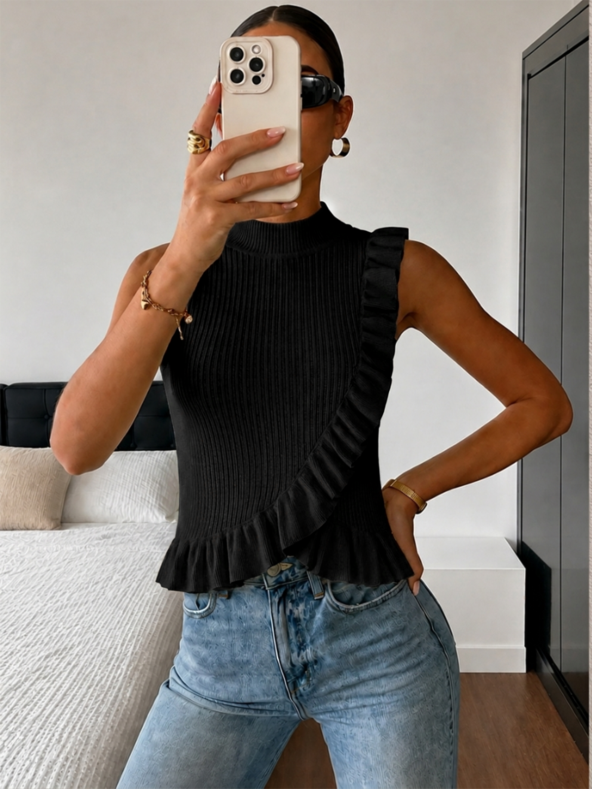 Ribbed High Neck Ruffle Sleeveless Top