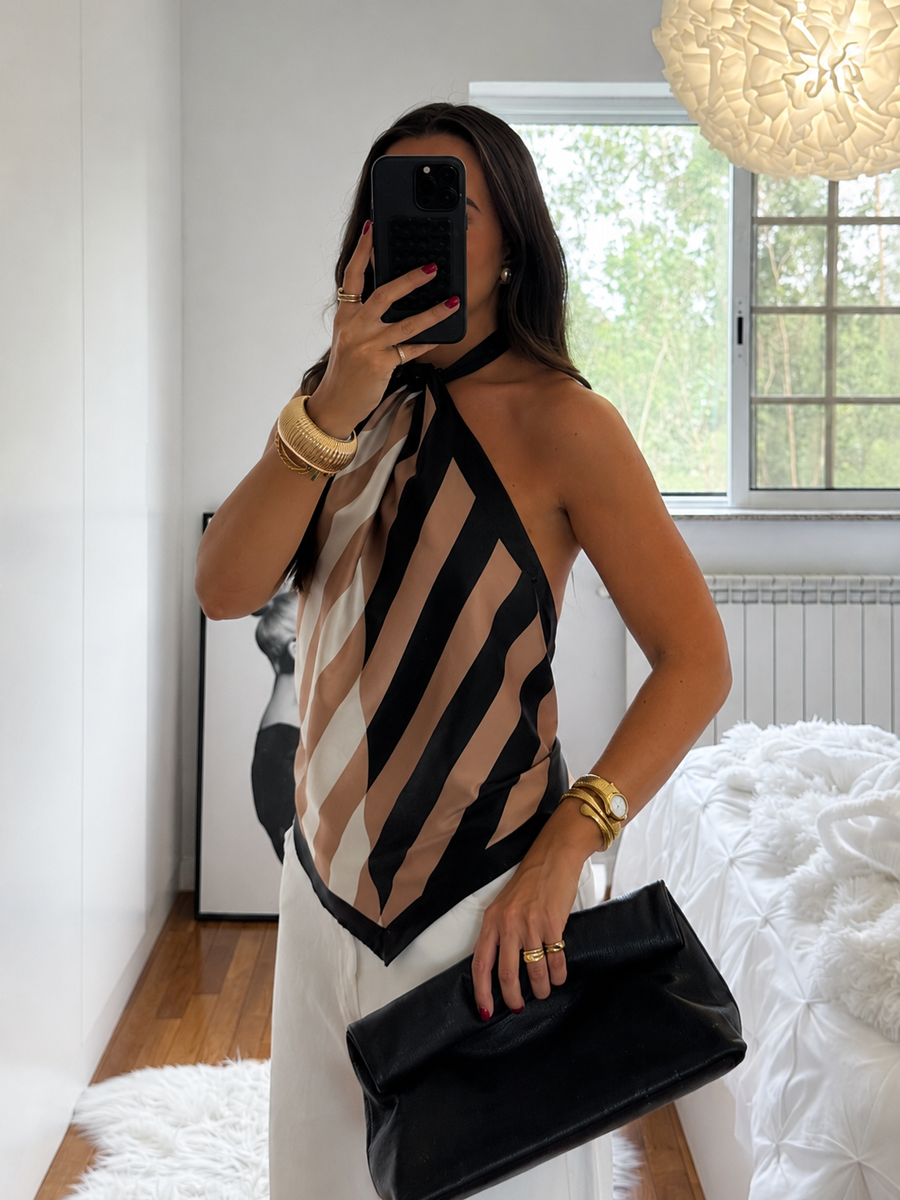 Geometric Striped Satin Halter Kerchief Top