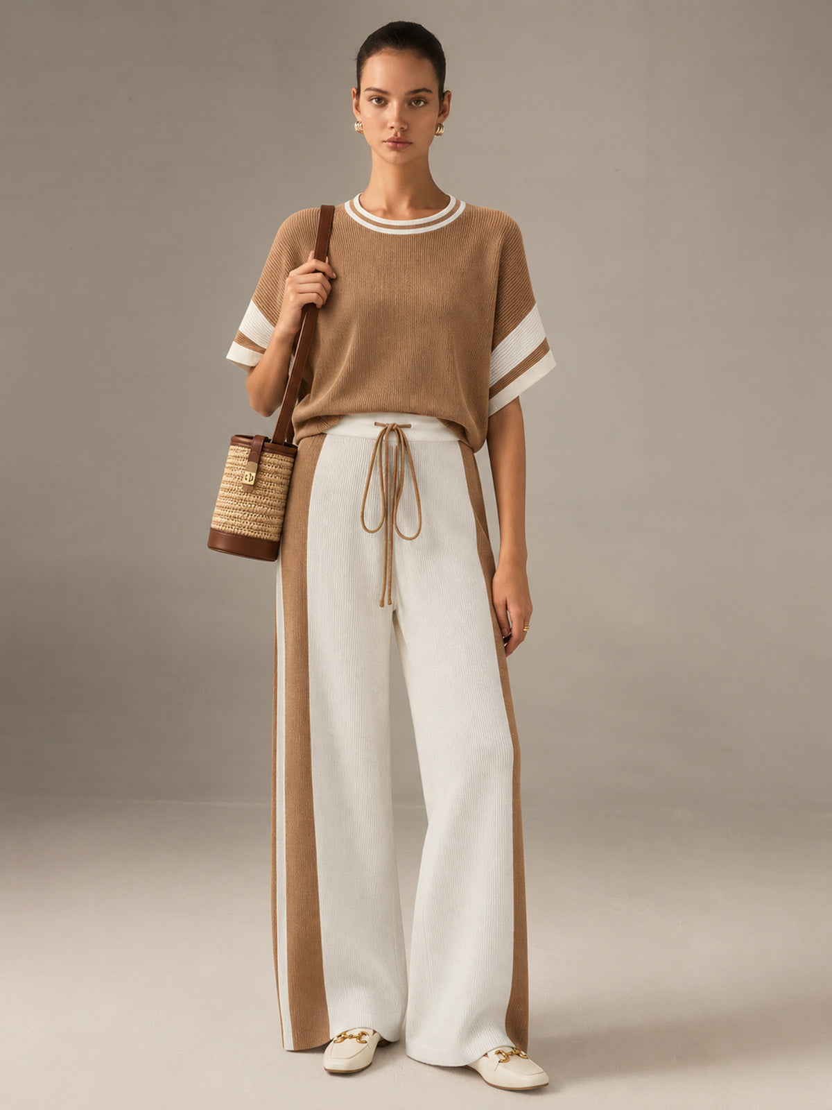 Color Block Rib Knit Two Piece Pants Set