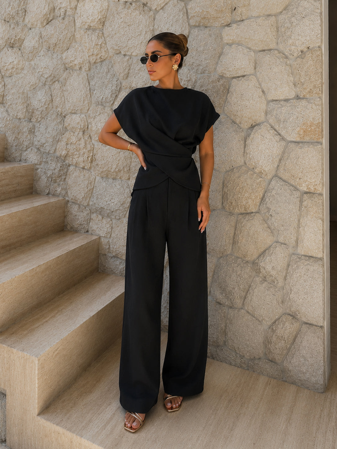 Tie-Back Satin Top & Pleated Pants Set