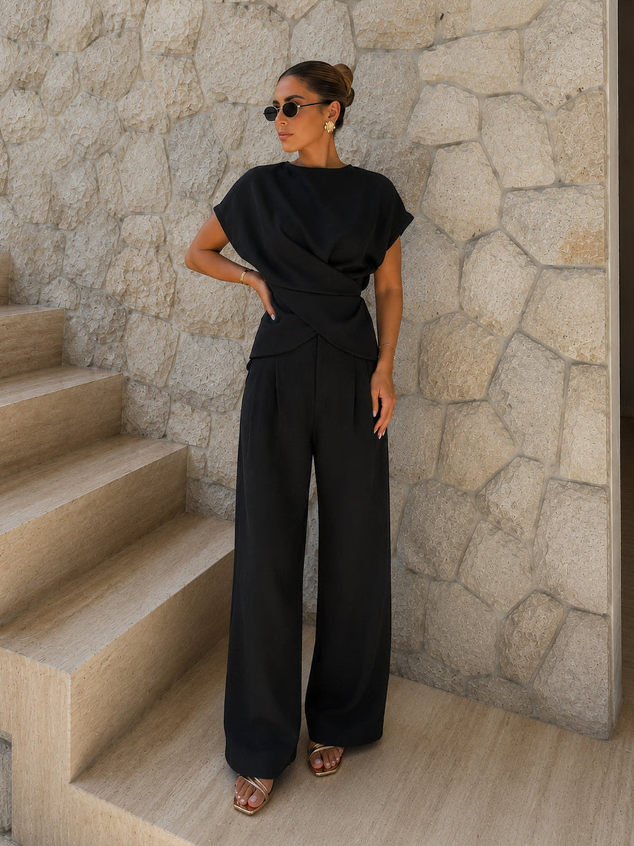Tie-Back Satin Top & Pleated Pants Set