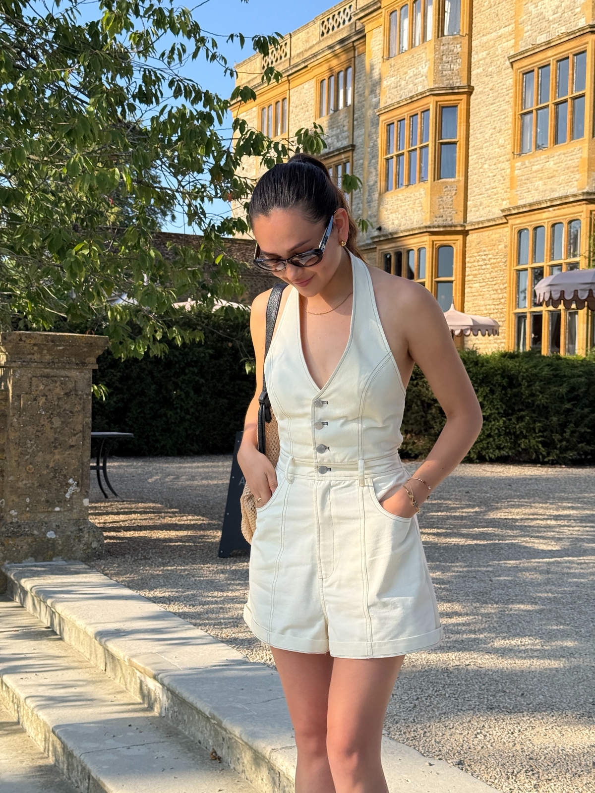 Cotton Halter V-Neck Tie-Back Romper