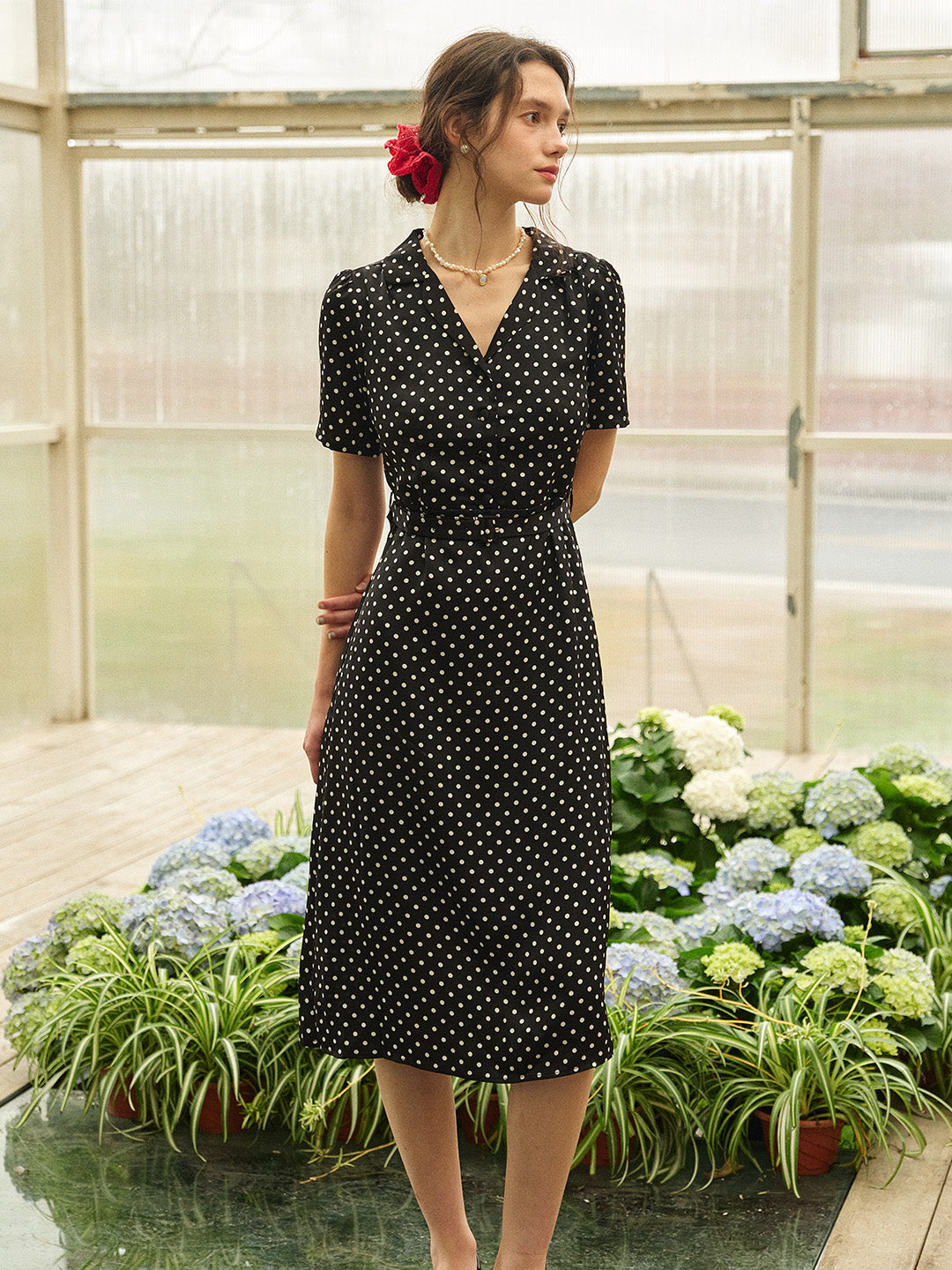 Baylee French Retro Polka Dot V-Neck Dress